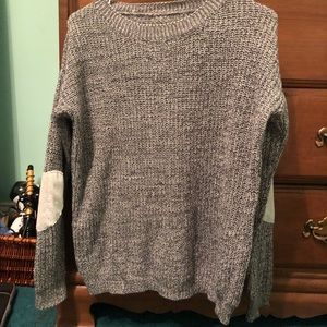 Grey Sweater with Velvet White Elbow Patches